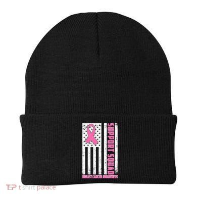 Breast Cancer Awareness Support Squad Distressed USA Flag Beanie