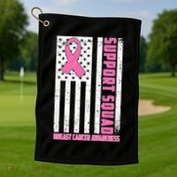 Breast Cancer Awareness Support Squad Distressed USA Flag Golf Towel thumb 1