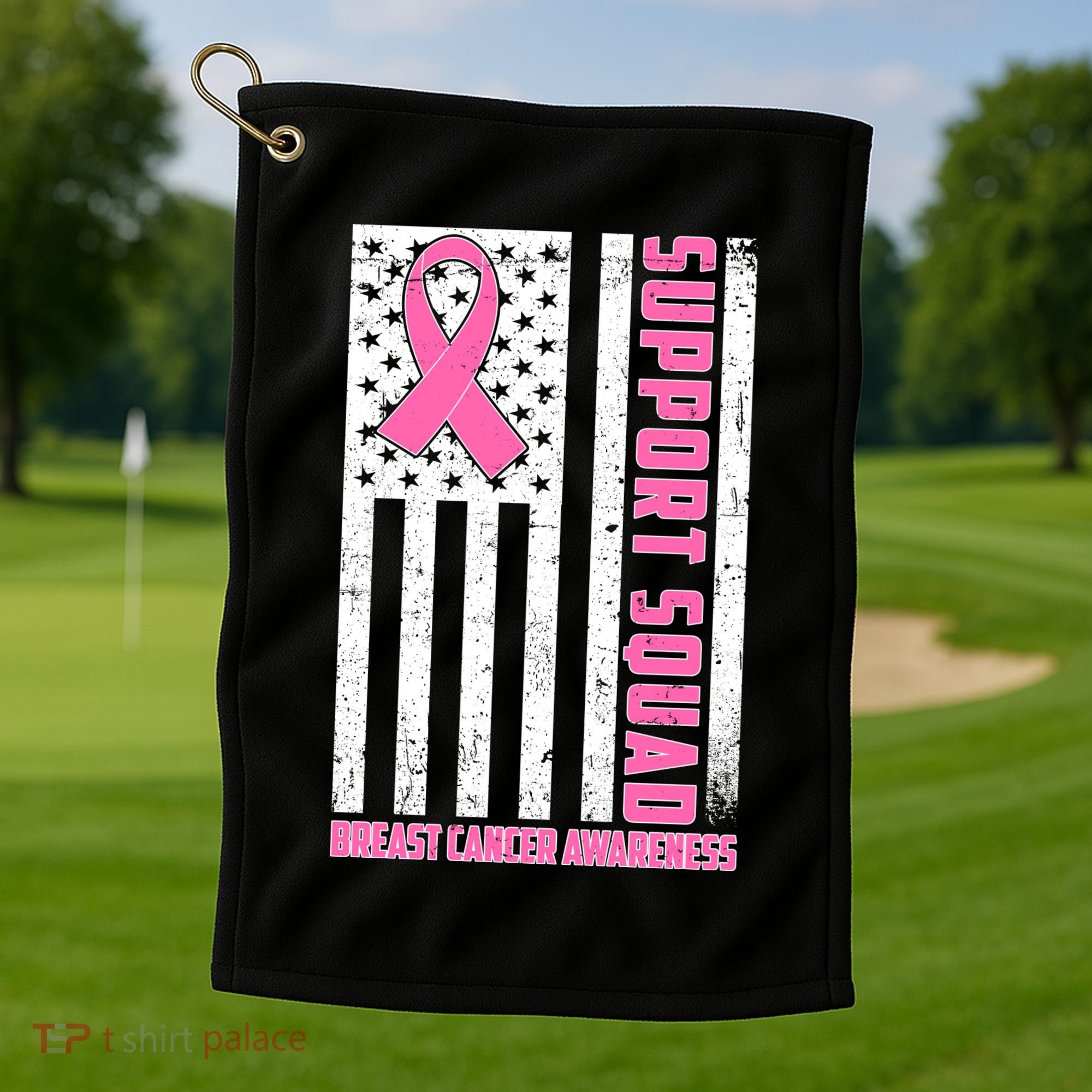 Breast Cancer Awareness Support Squad Distressed USA Flag Golf Towel