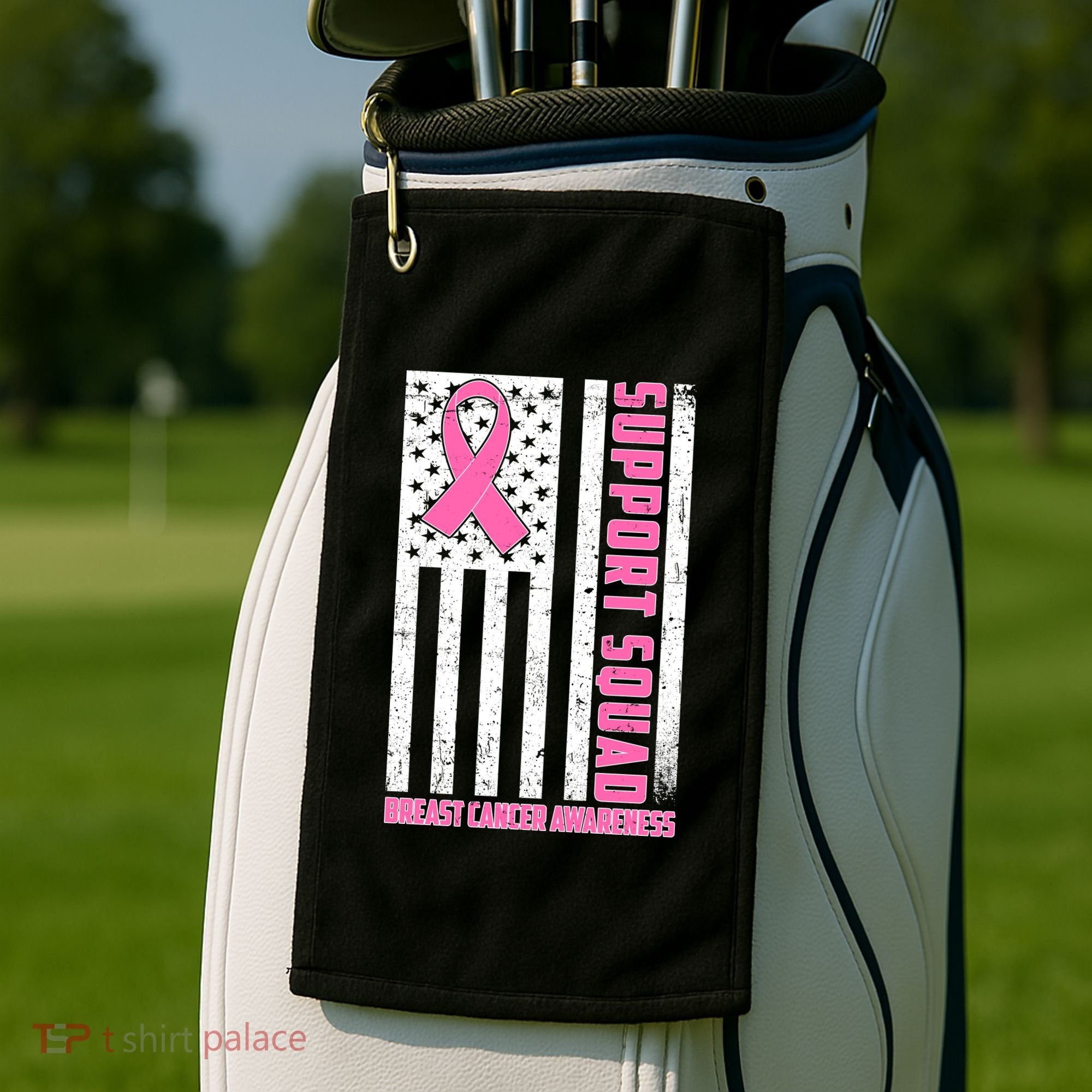 Breast Cancer Awareness Support Squad Distressed USA Flag Golf Towel