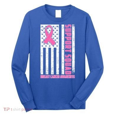 Breast Cancer Awareness Support Squad Distressed USA Flag Long Sleeve Shirt