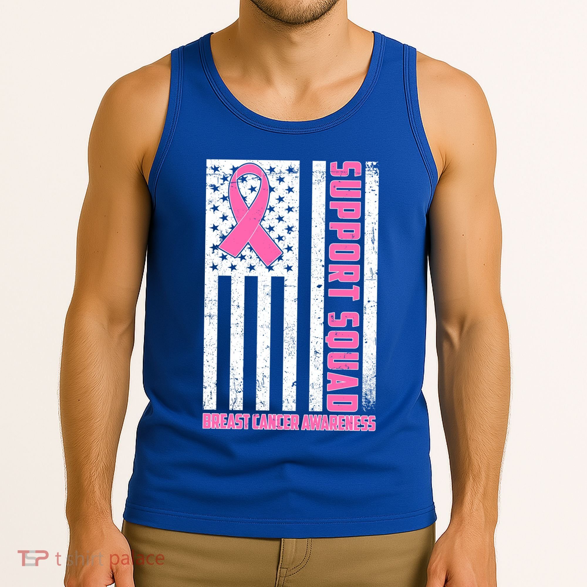 Breast Cancer Awareness Support Squad Distressed USA Flag Tank Top