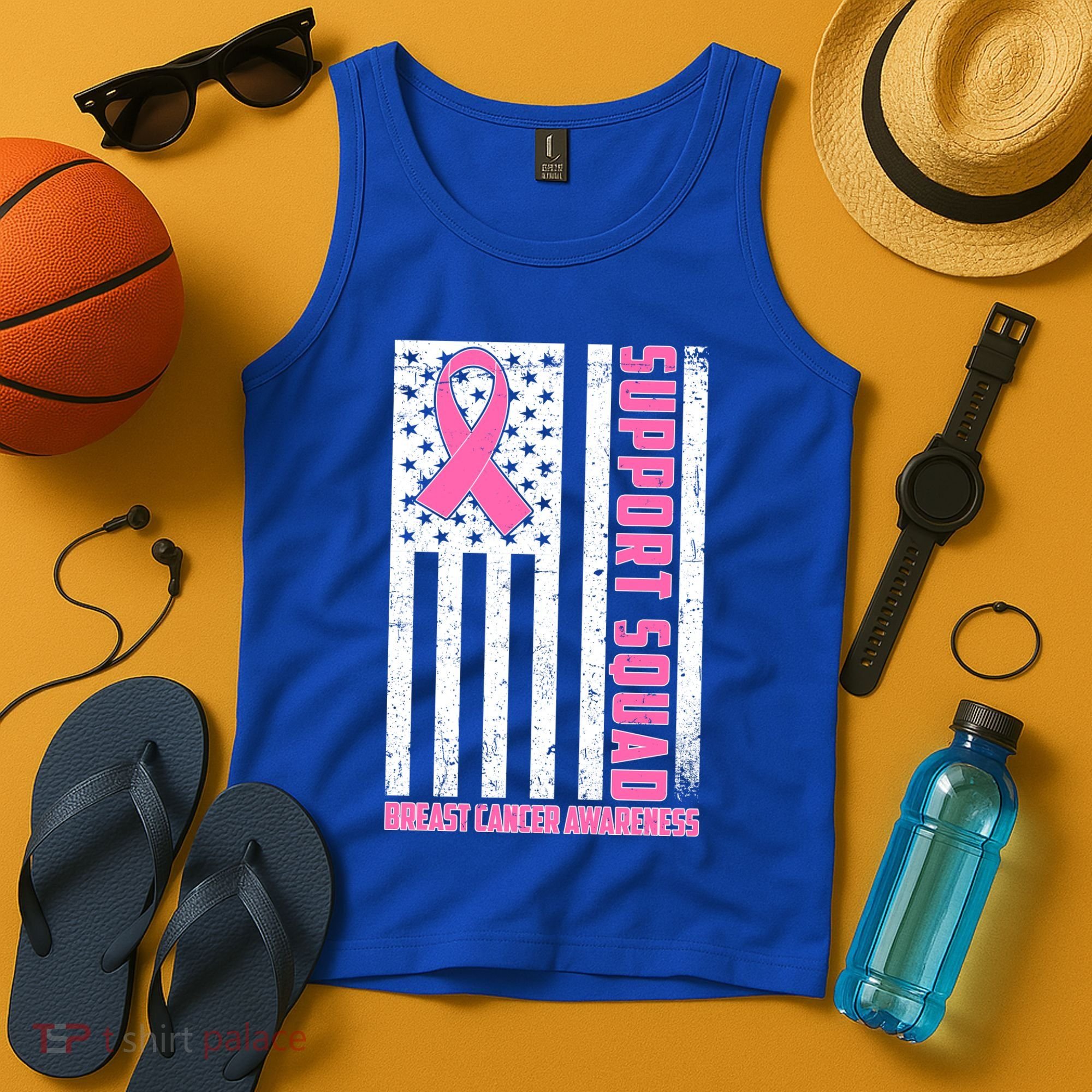 Breast Cancer Awareness Support Squad Distressed USA Flag Tank Top
