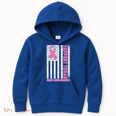 Breast Cancer Awareness Support Squad Distressed USA Flag Kids Hoodie