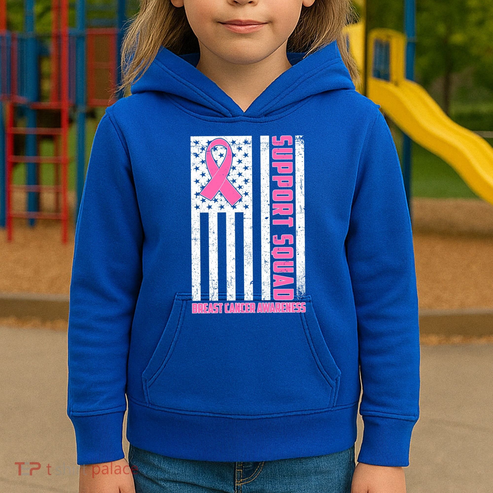 Breast Cancer Awareness Support Squad Distressed USA Flag Kids Hoodie