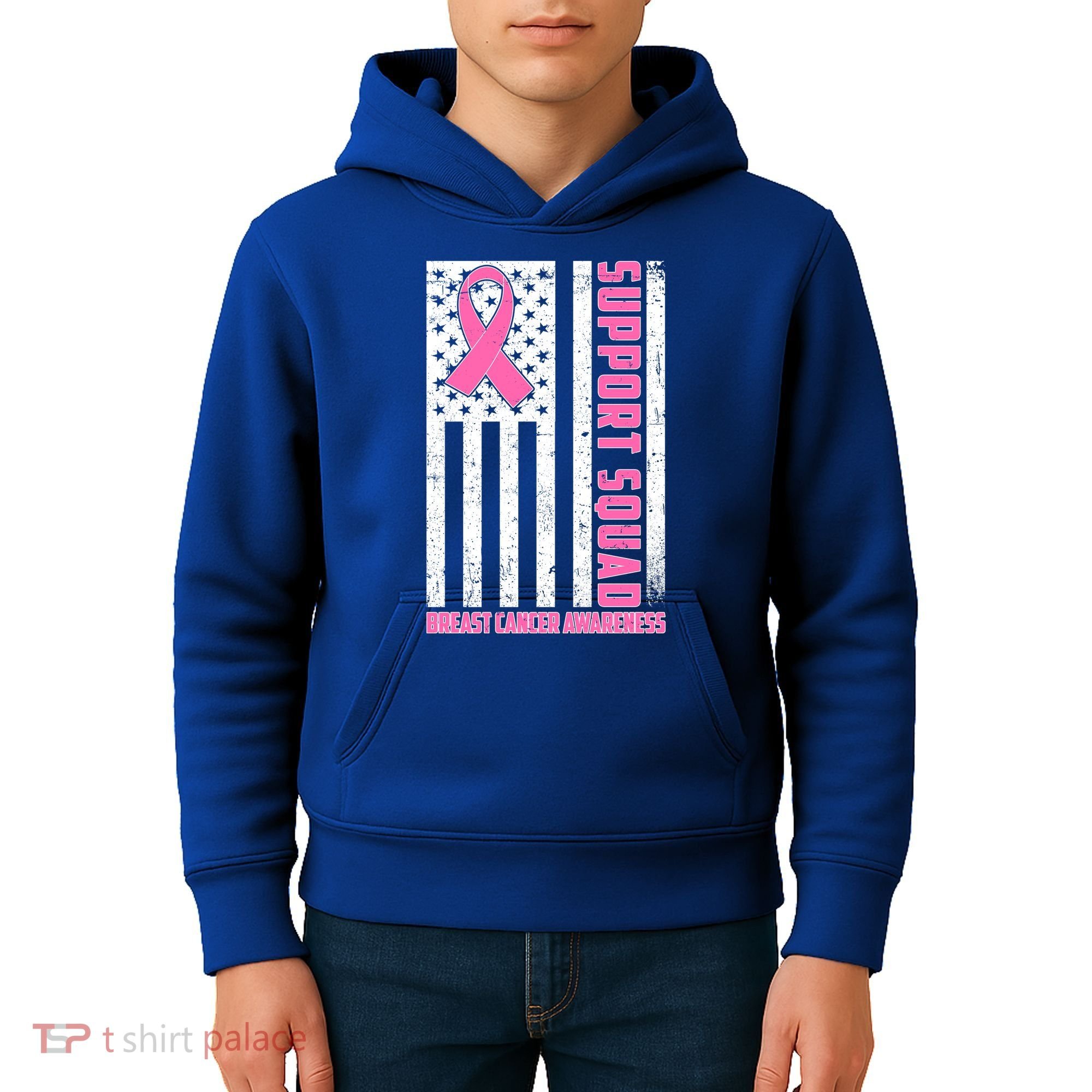 Breast Cancer Awareness Support Squad Distressed USA Flag Kids Hoodie