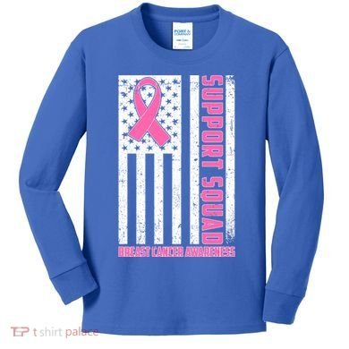 Breast Cancer Awareness Support Squad Distressed USA Flag Kids Long Sleeve Shirt
