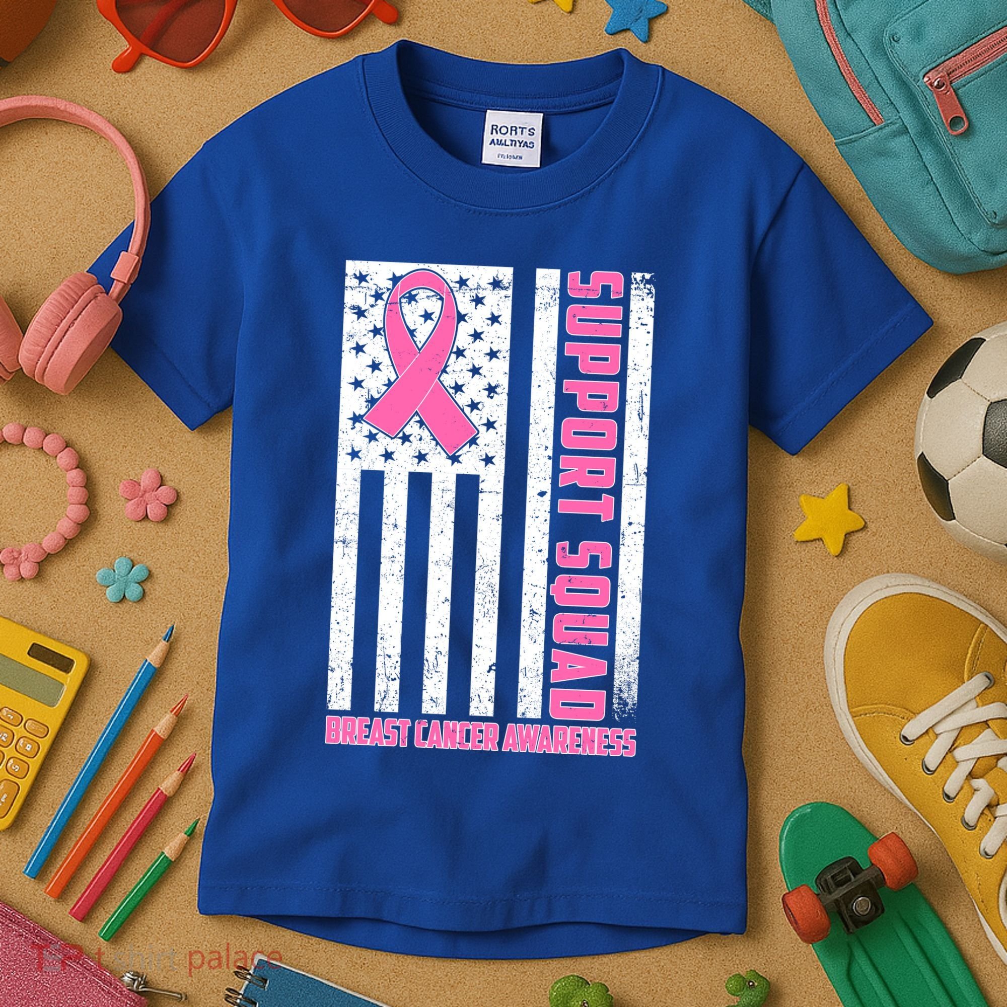 Breast Cancer Awareness Support Squad Distressed USA Flag Kids T-Shirt