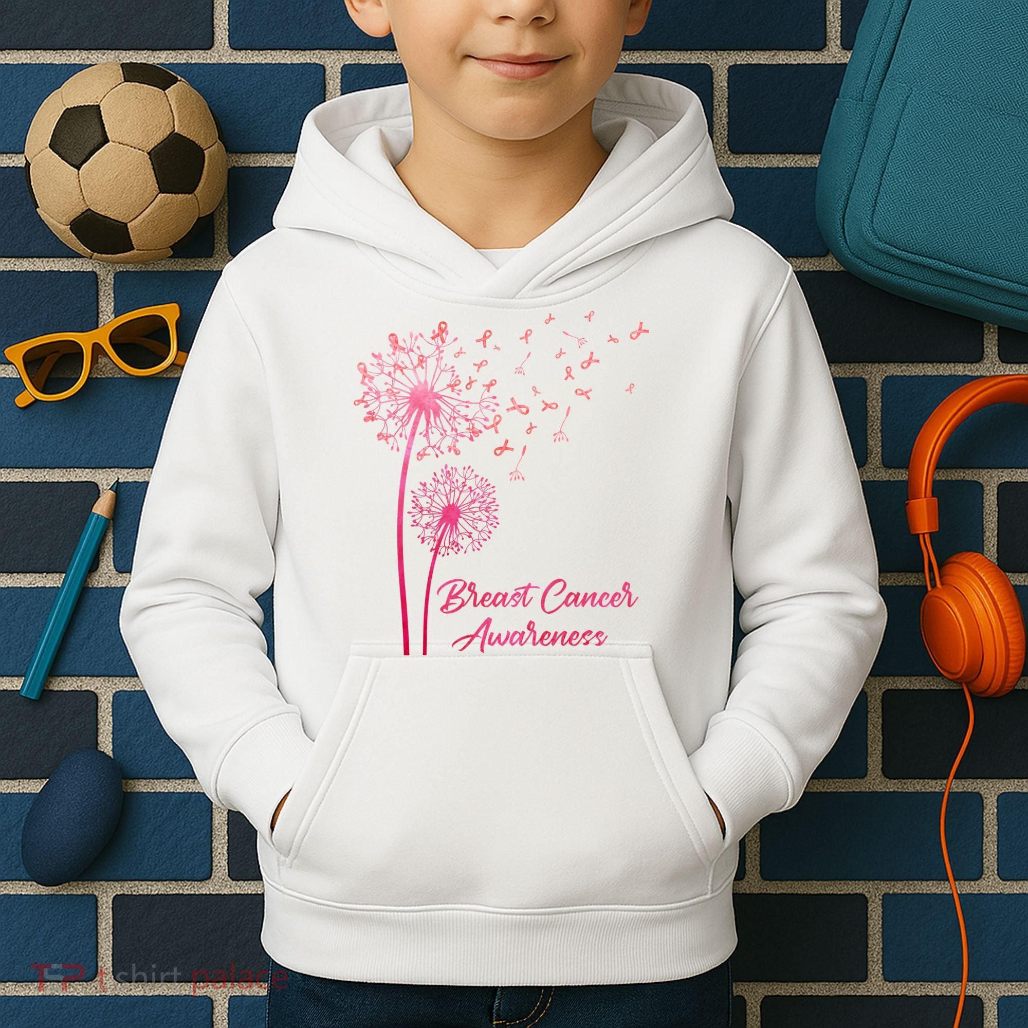 Breast Cancer Awareness Dandelion Pink Ribbon Kids Hoodie