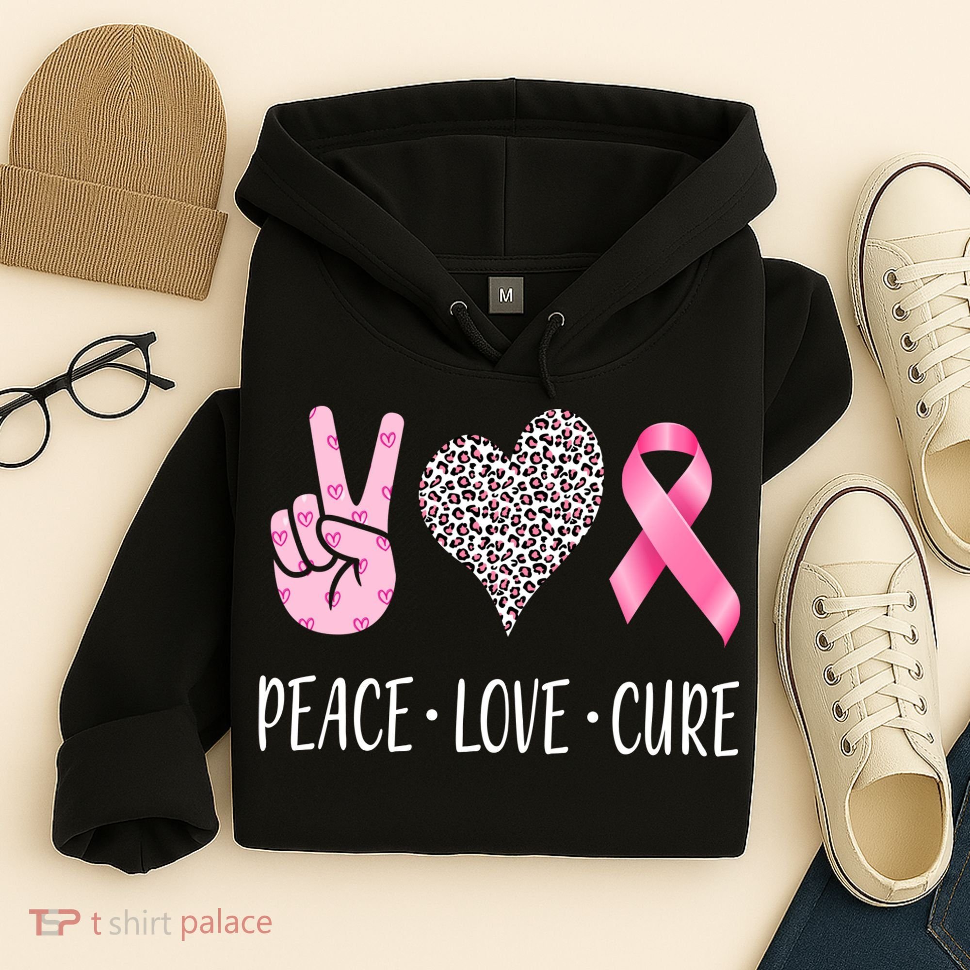 Breast Cancer Awareness Peace Love Cure Hoodie