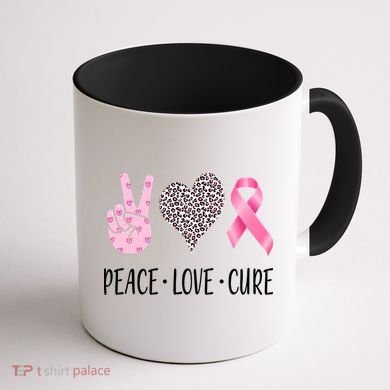Breast Cancer Awareness Peace Love Cure Coffee Mug back