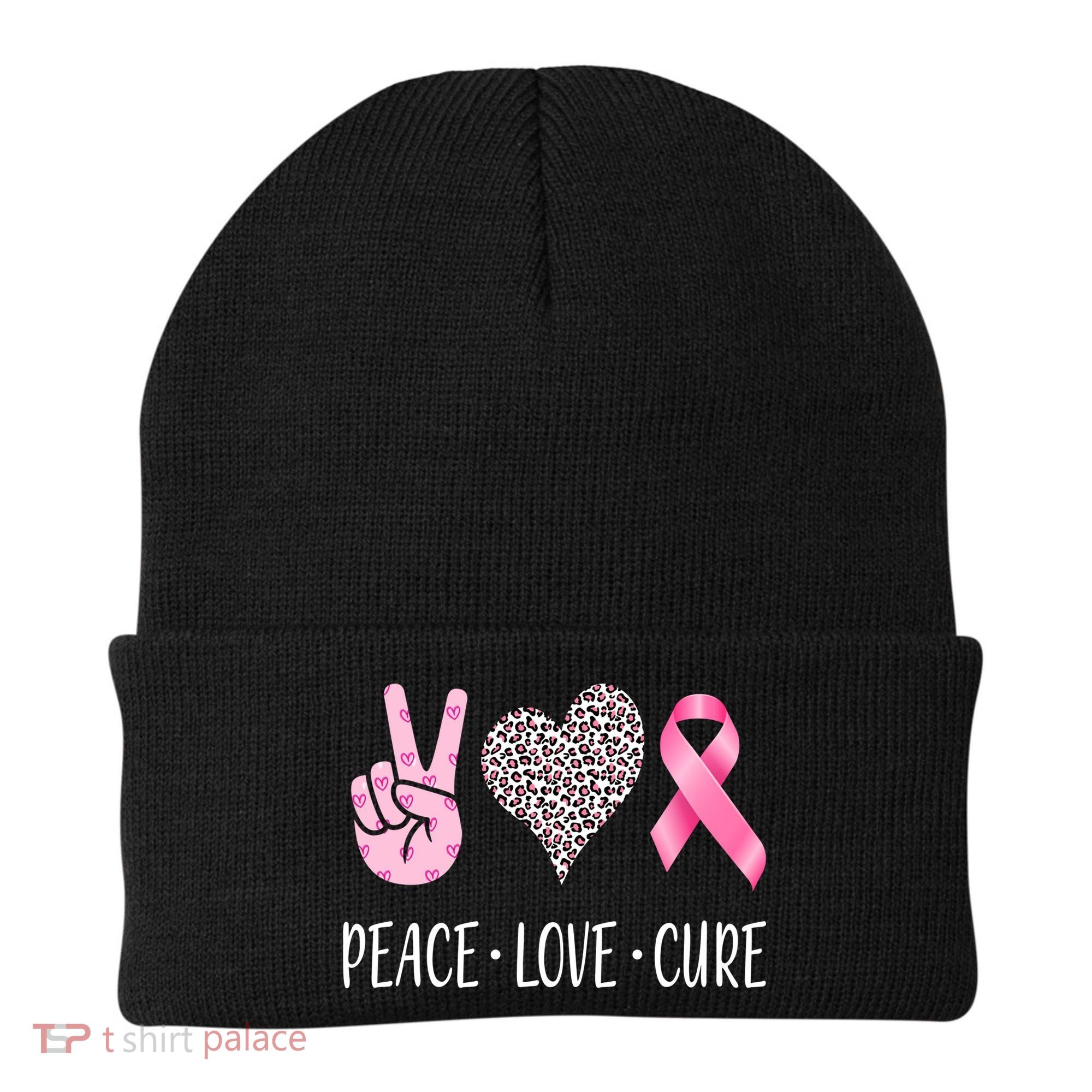 Breast Cancer Awareness Peace Love Cure Beanie