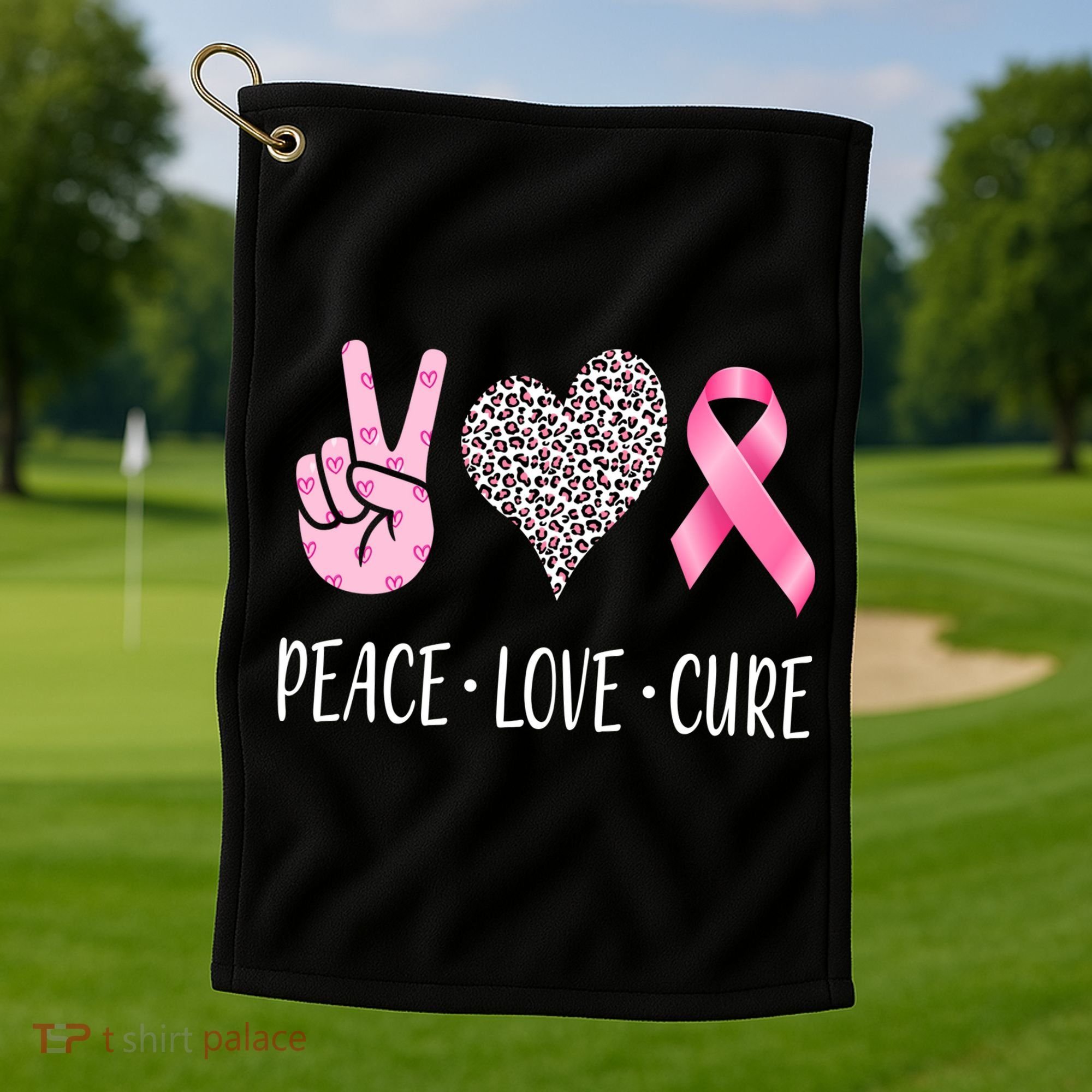 Breast Cancer Awareness Peace Love Cure Golf Towel