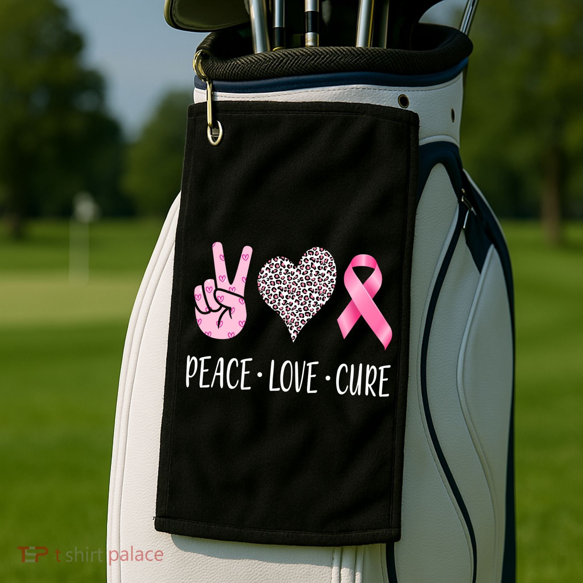 Breast Cancer Awareness Peace Love Cure Golf Towel