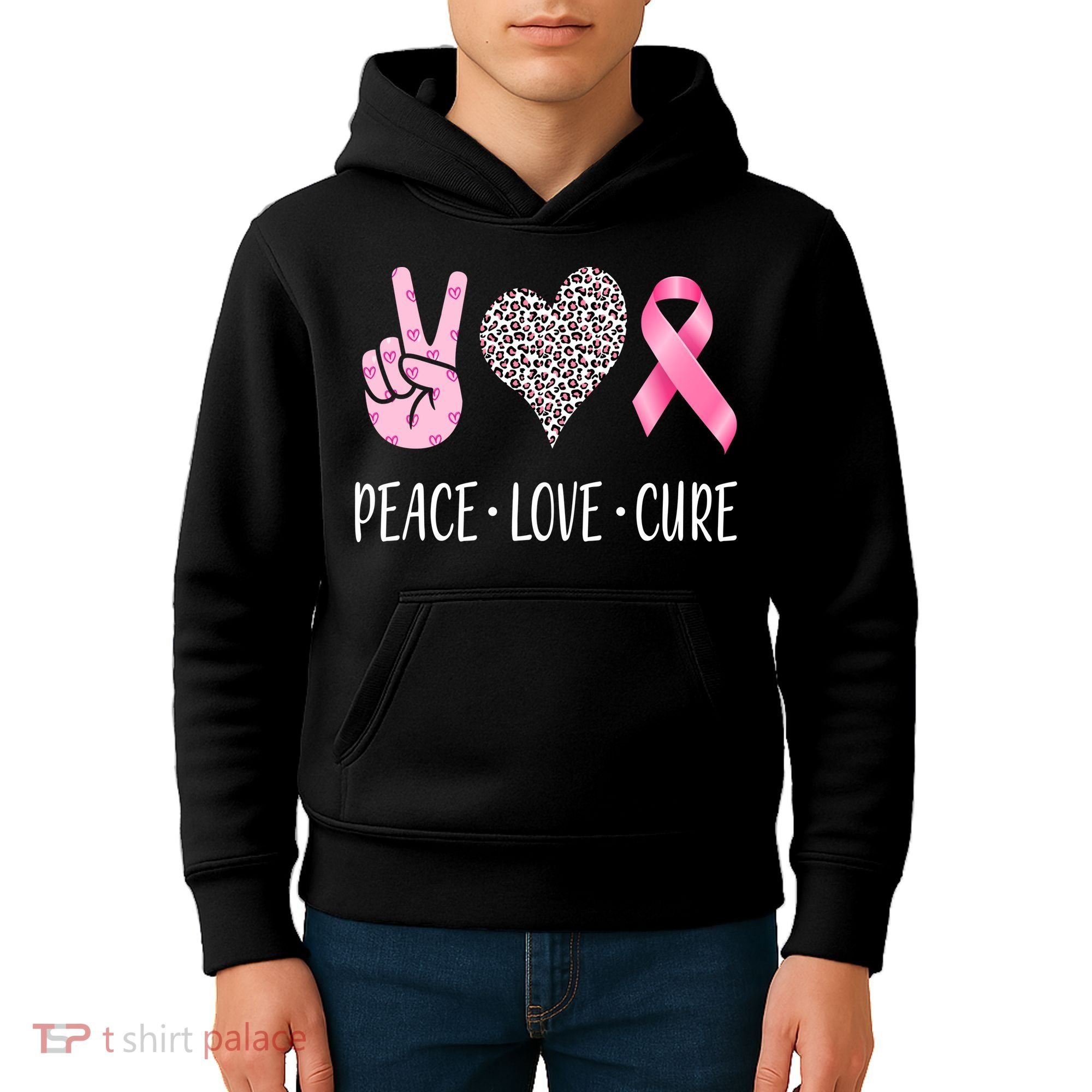 Breast Cancer Awareness Peace Love Cure Kids Hoodie