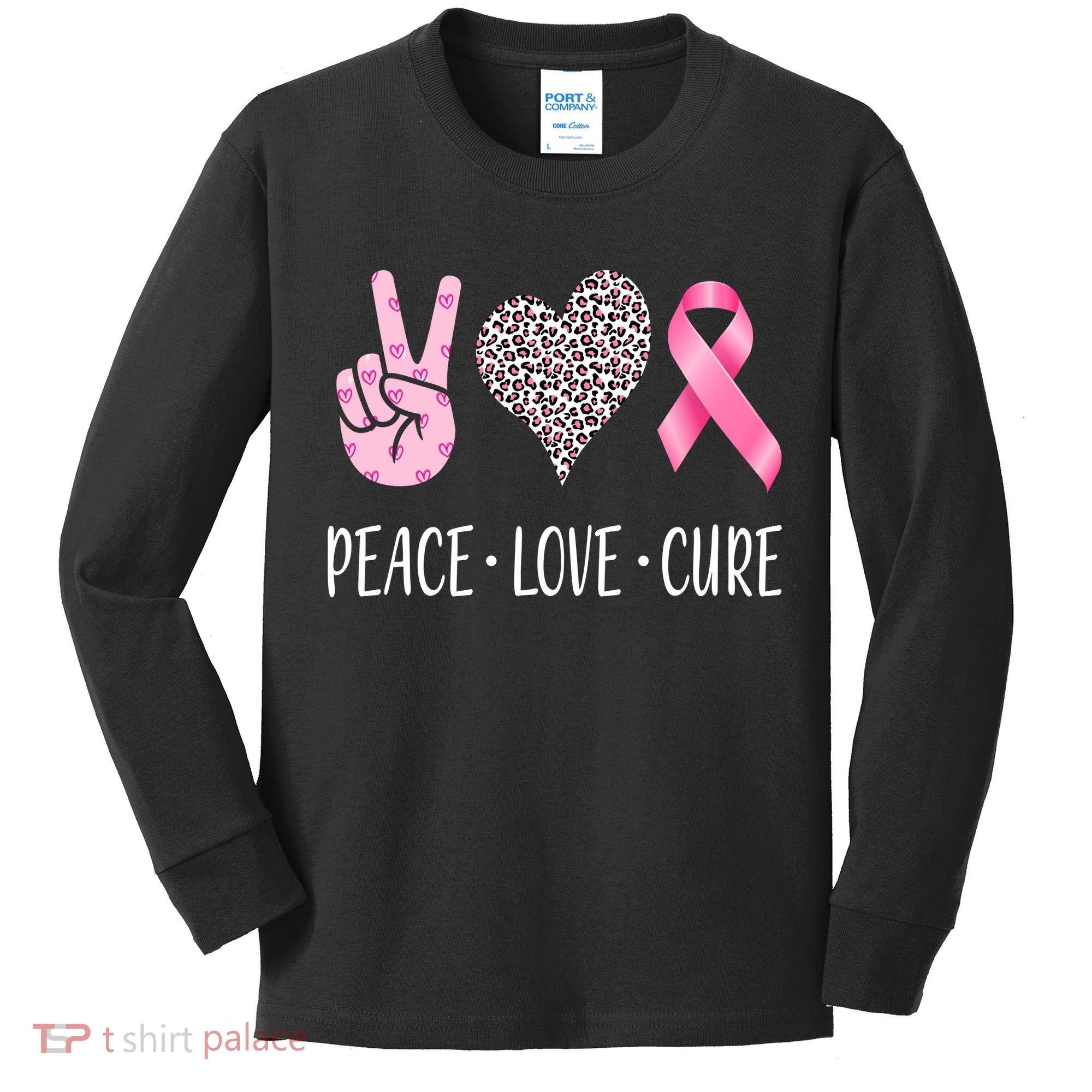 Breast Cancer Awareness Peace Love Cure Kids Long Sleeve Shirt