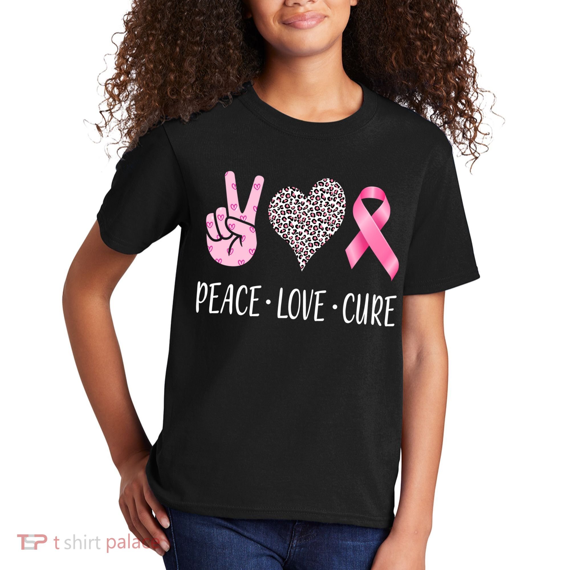 Breast Cancer Awareness Peace Love Cure Kids T-Shirt