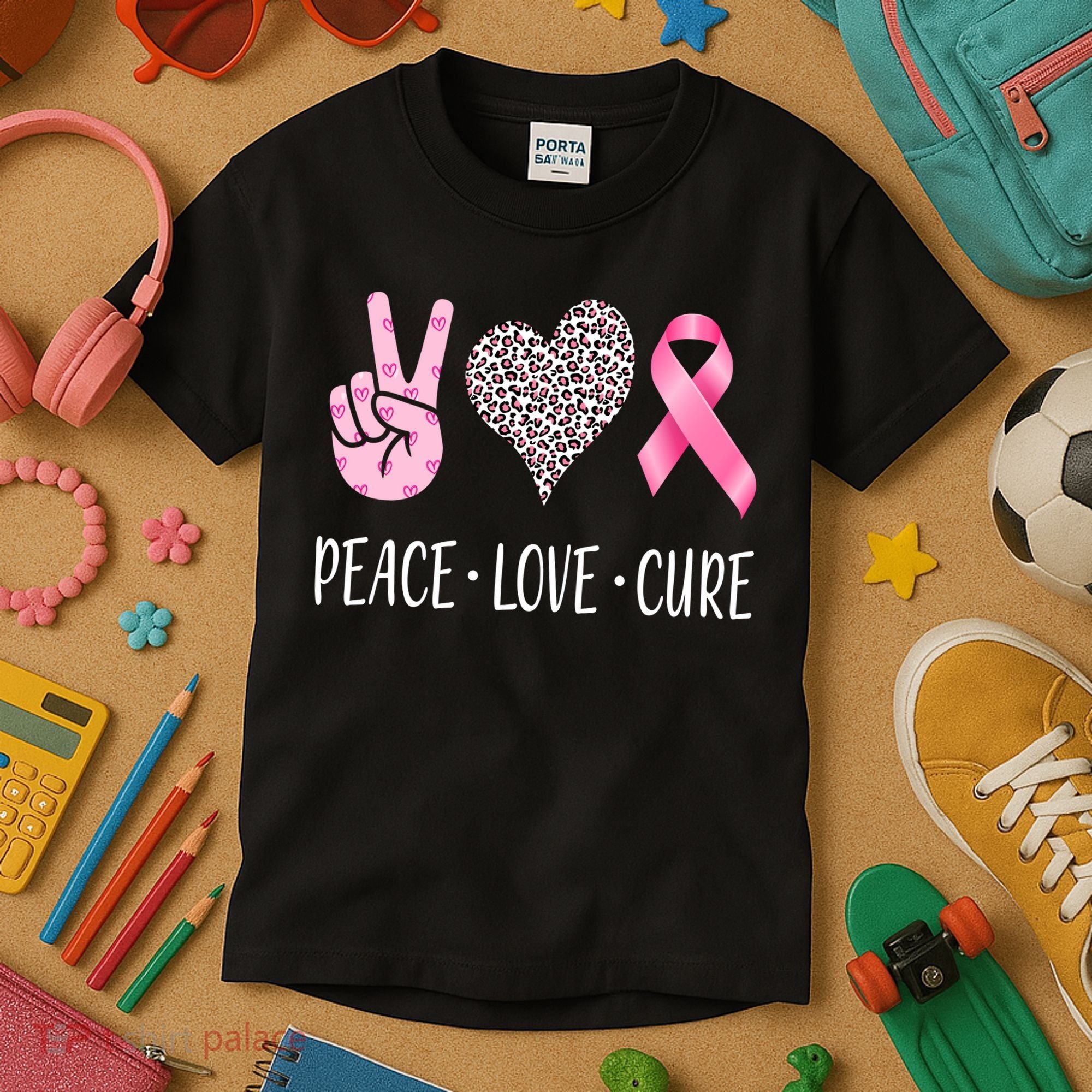 Breast Cancer Awareness Peace Love Cure Kids T-Shirt