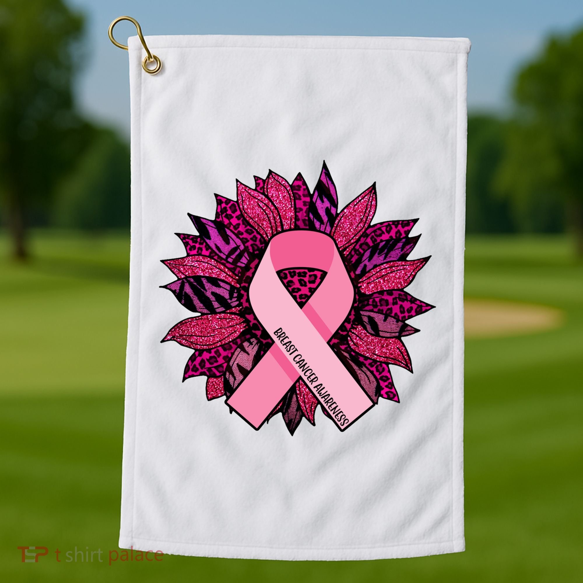 Breast Cancer Awareness Flower Ribbon Golf Towel