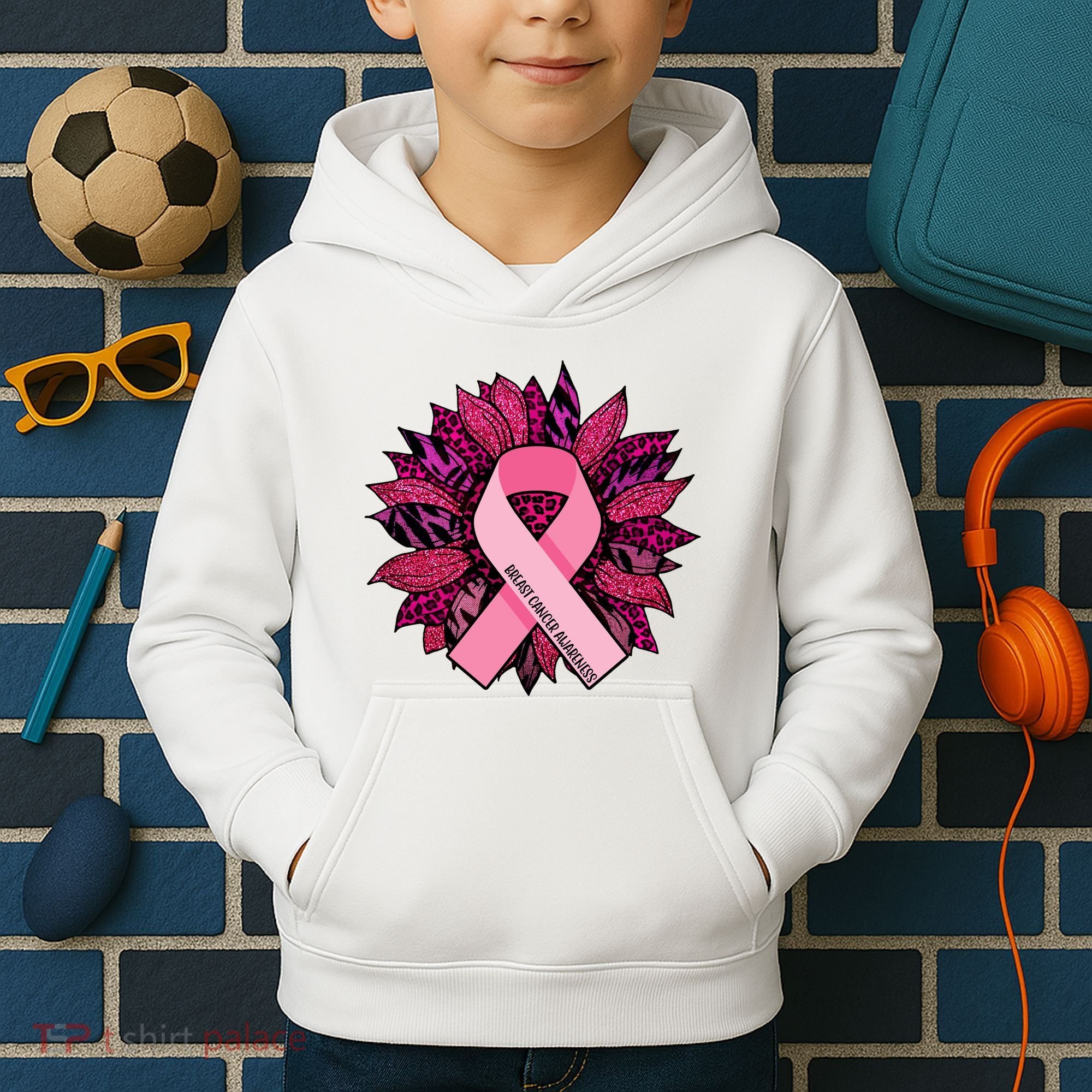 Breast Cancer Awareness Flower Ribbon Kids Hoodie
