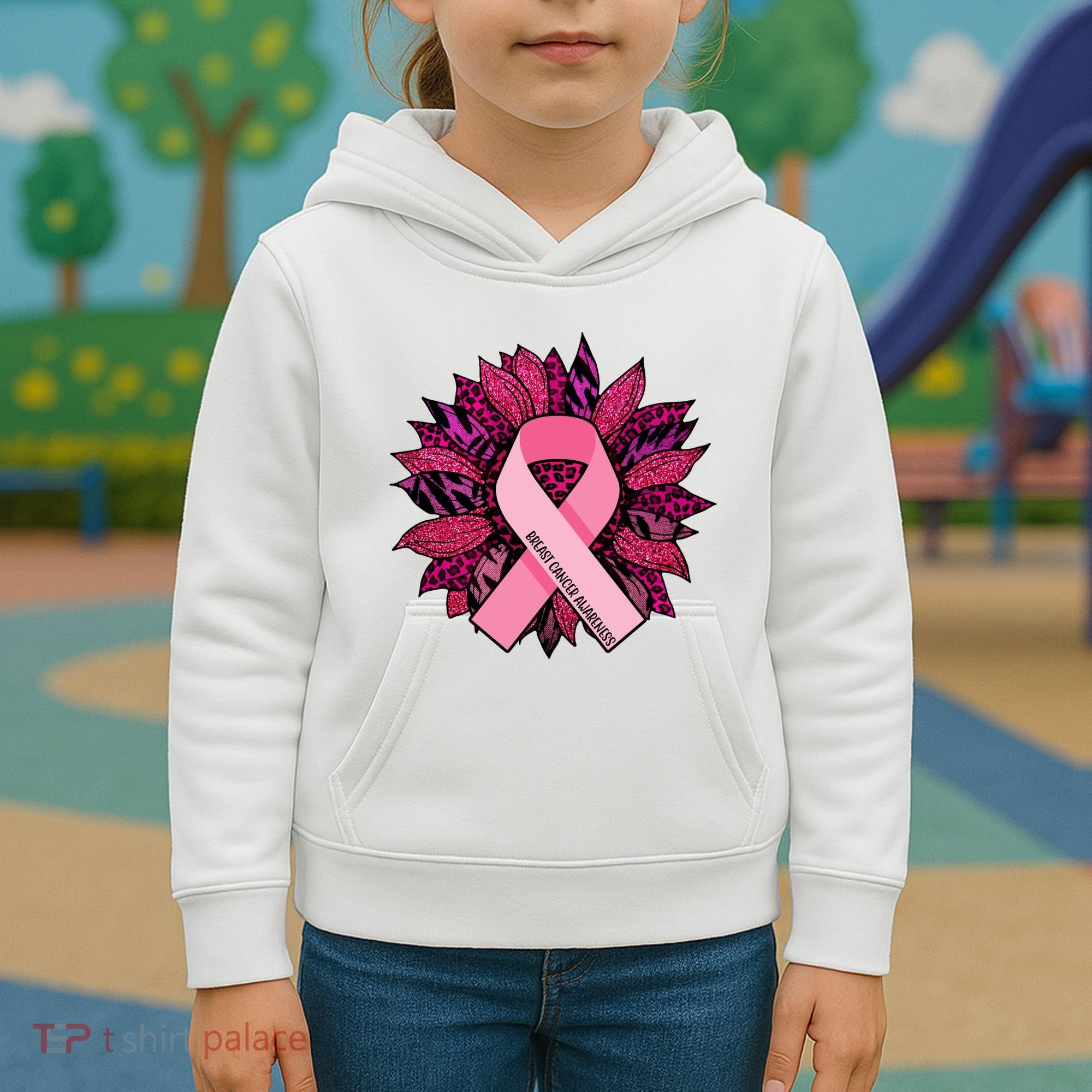 Breast Cancer Awareness Flower Ribbon Kids Hoodie
