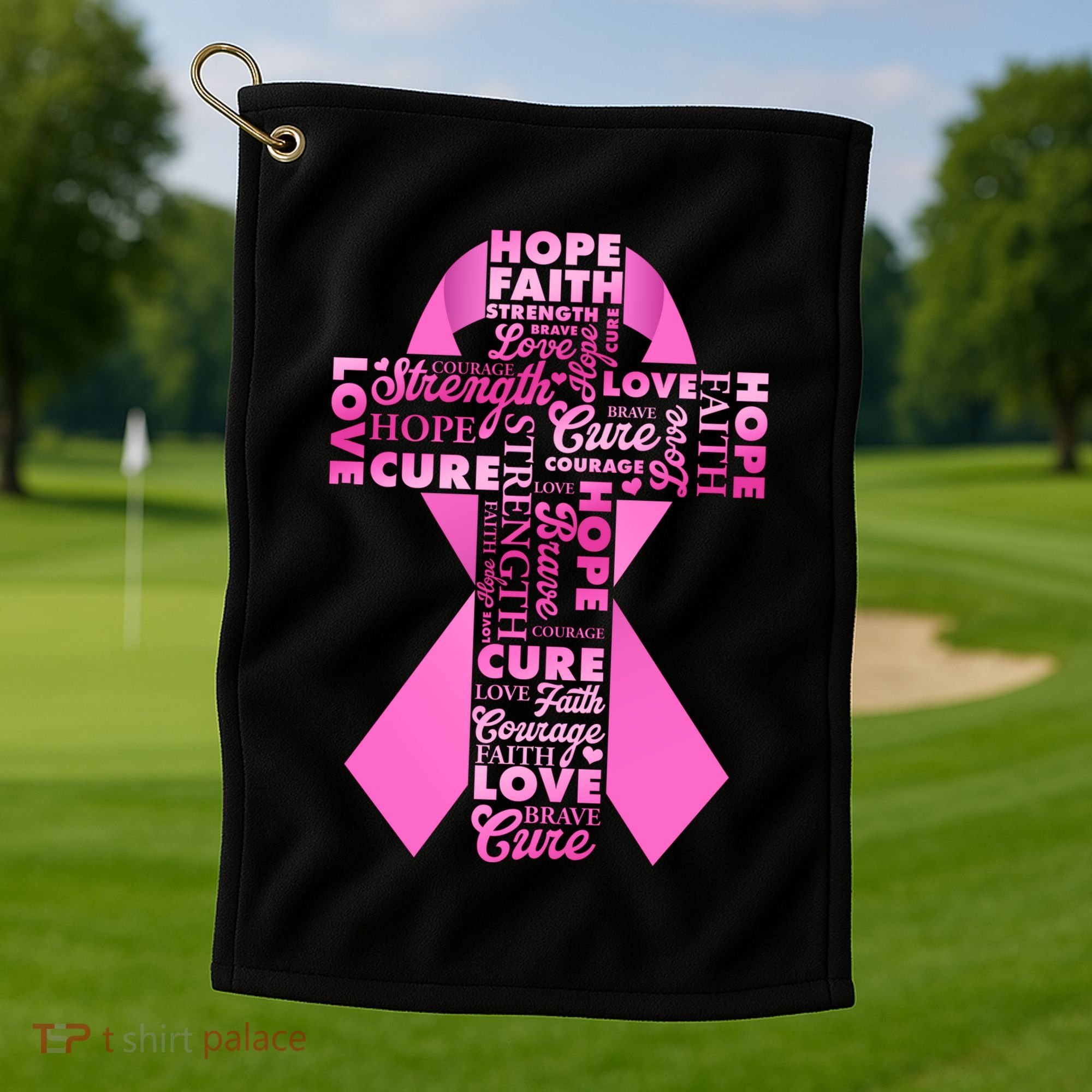 Breast Cancer Awareness Word Text Art Ribbon Cross Golf Towel