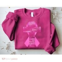 Breast Cancer Awareness Word Text Art Ribbon Cross Sweatshirt thumb 2