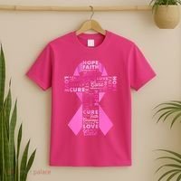 Breast Cancer Awareness Word Text Art Ribbon Cross T-Shirt thumb 2