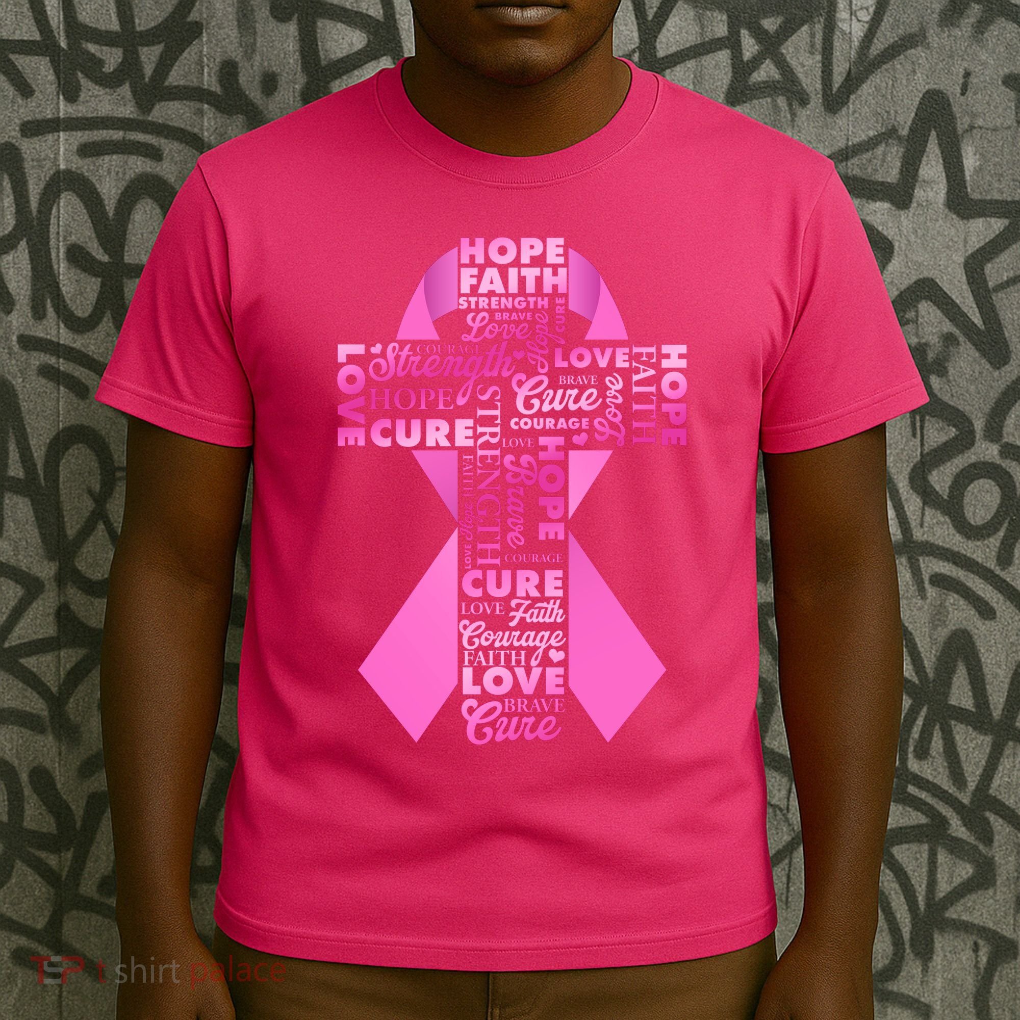 Breast Cancer Awareness Word Text Art Ribbon Cross T-Shirt