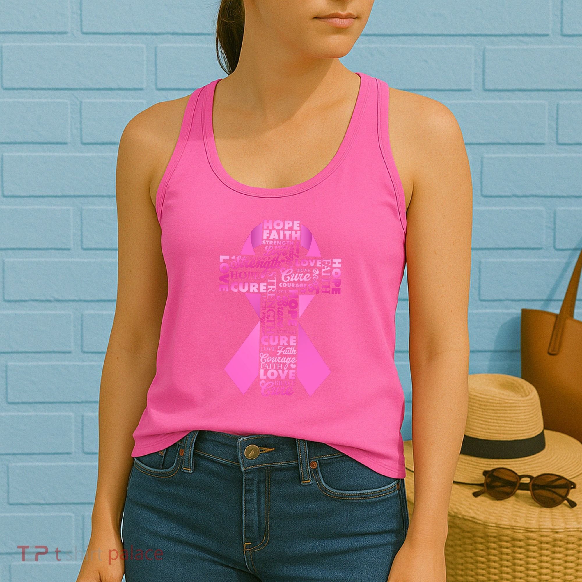 Breast Cancer Awareness Word Text Art Ribbon Cross Women's Tank Top