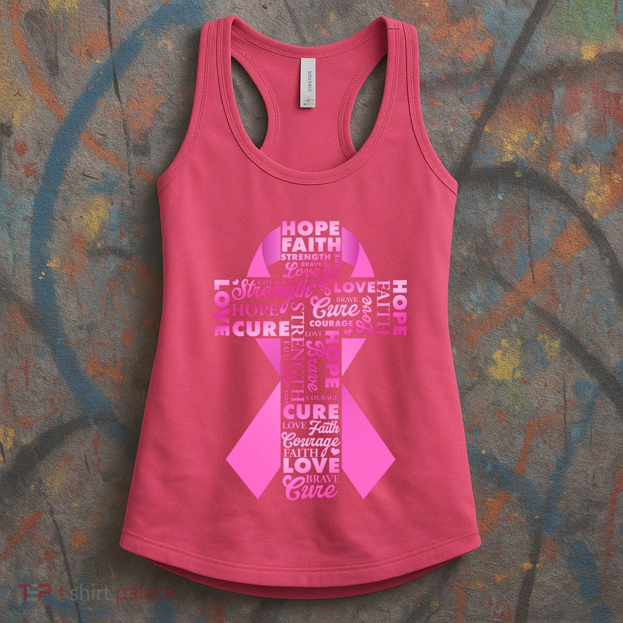Breast Cancer Awareness Word Text Art Ribbon Cross Women's Tank Top