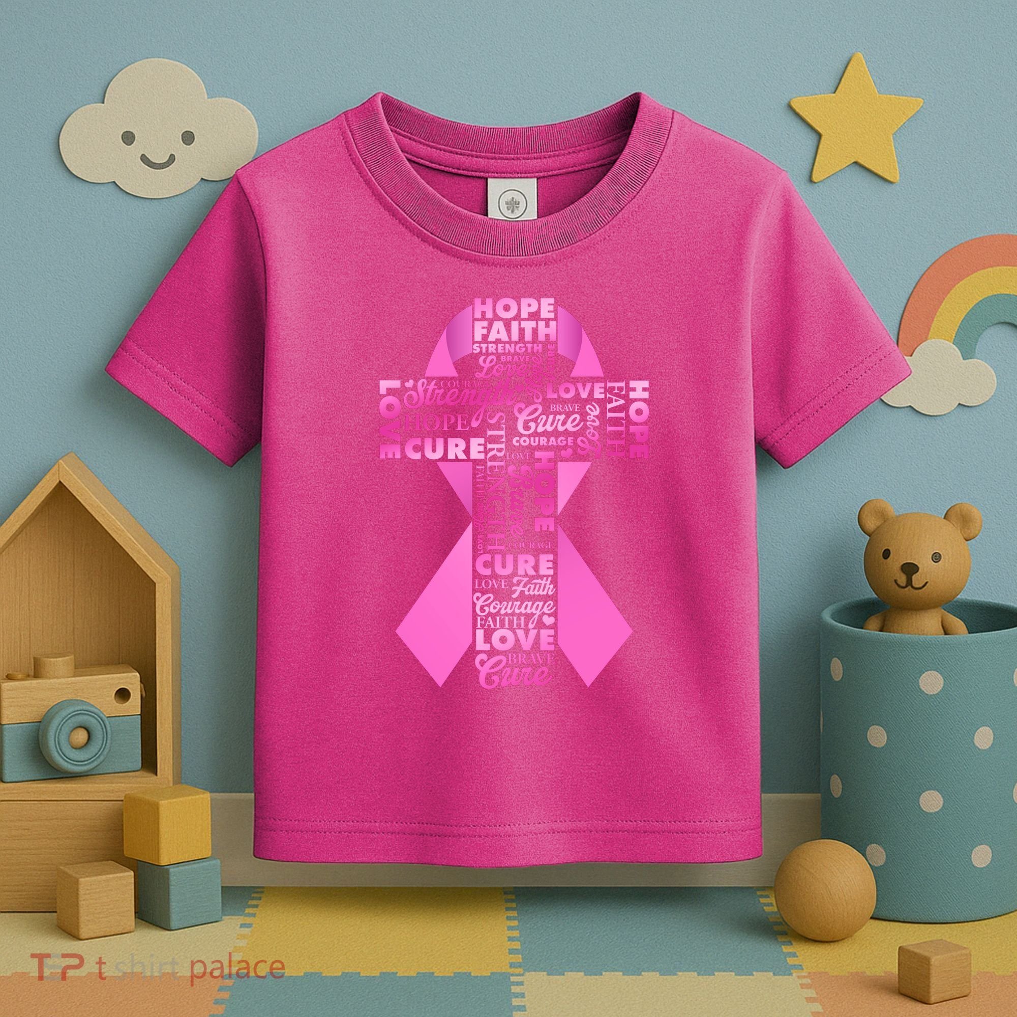 Breast Cancer Awareness Word Text Art Ribbon Cross Toddler T-Shirt
