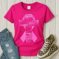 Breast Cancer Awareness Word Text Art Ribbon Cross Women's T-Shirt thumb 3