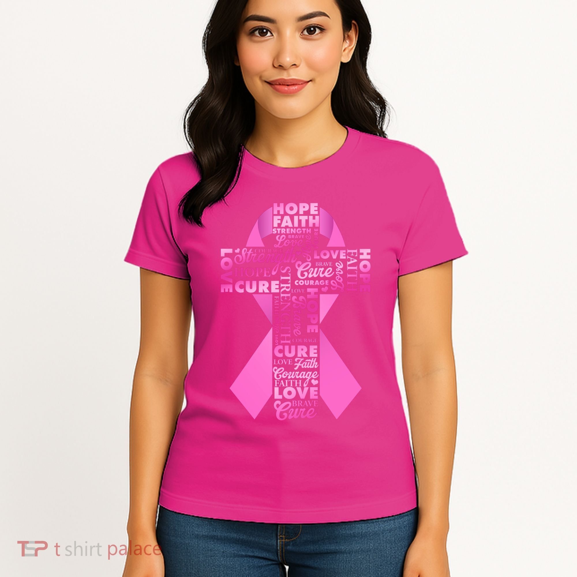 Breast Cancer Awareness Word Text Art Ribbon Cross Women's T-Shirt
