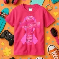 Breast Cancer Awareness Word Text Art Ribbon Cross Kids T-Shirt thumb 3