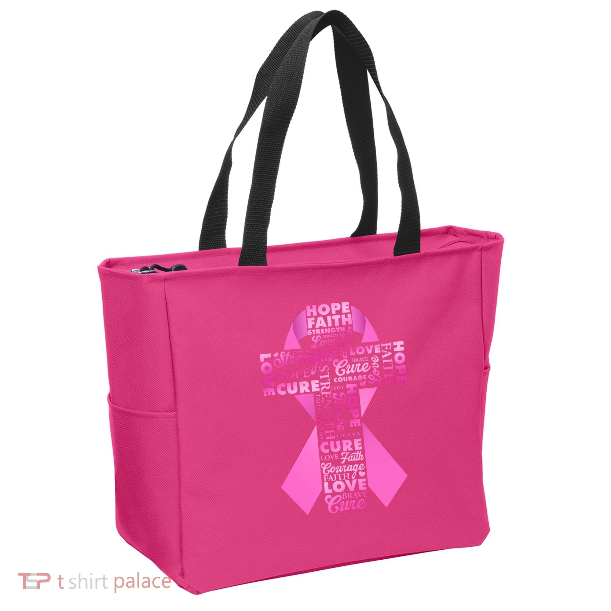 Breast Cancer Awareness Word Text Art Ribbon Cross Tote Bag