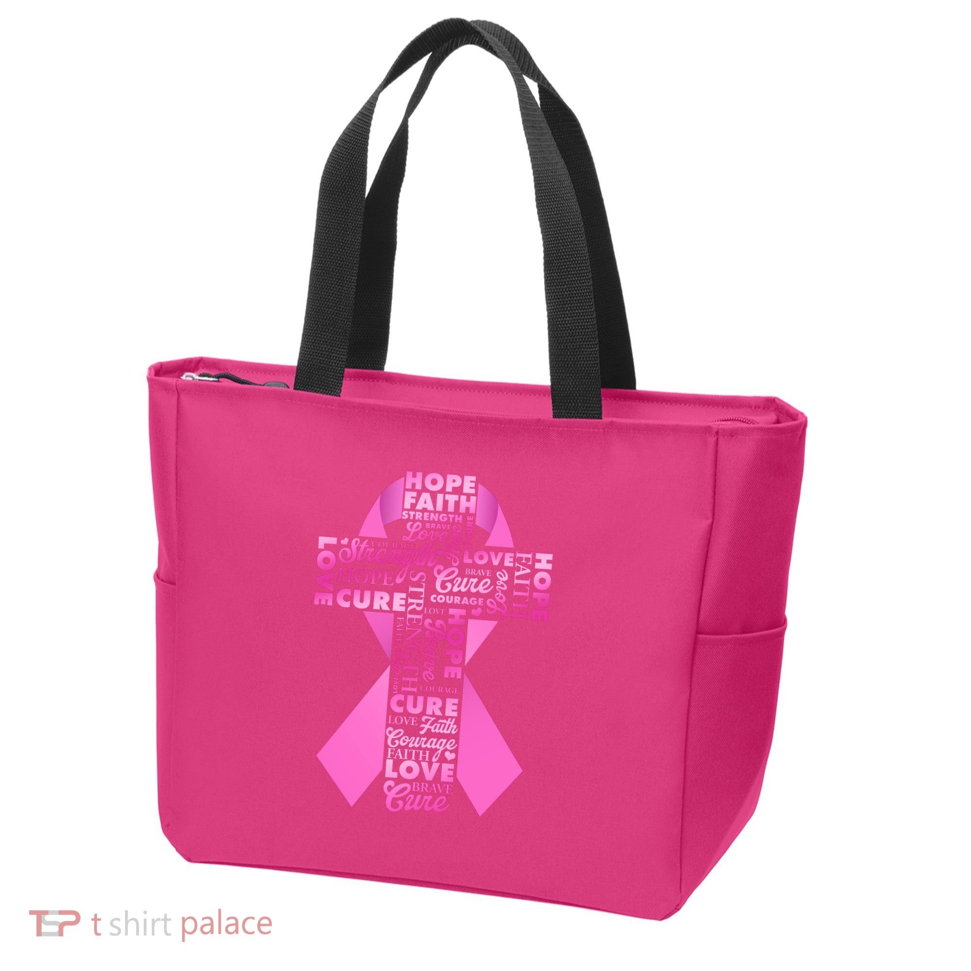 Breast Cancer Awareness Word Text Art Ribbon Cross Tote Bag
