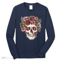 Breast Cancer Awareness Floral Flower Skull Long Sleeve Shirt thumb 0