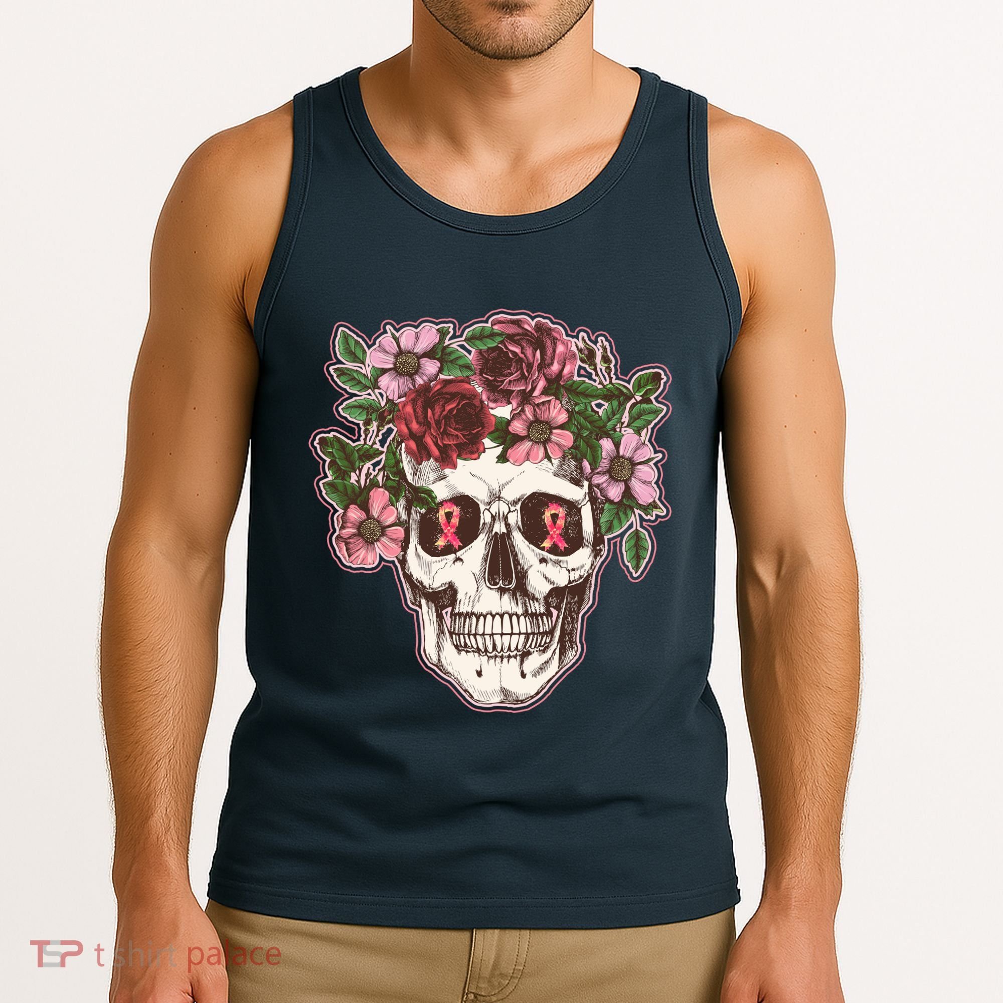 Breast Cancer Awareness Floral Flower Skull Tank Top