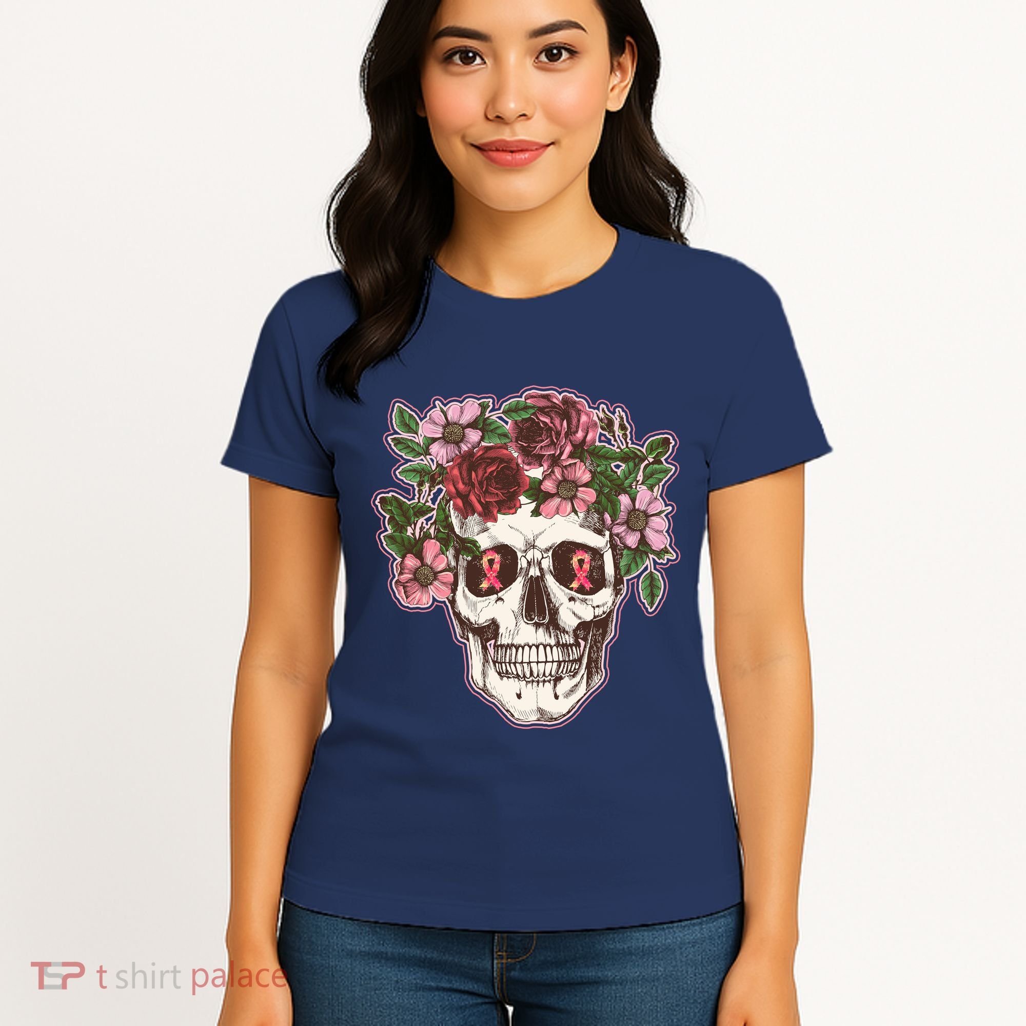Breast Cancer Awareness Floral Flower Skull Women's T-Shirt