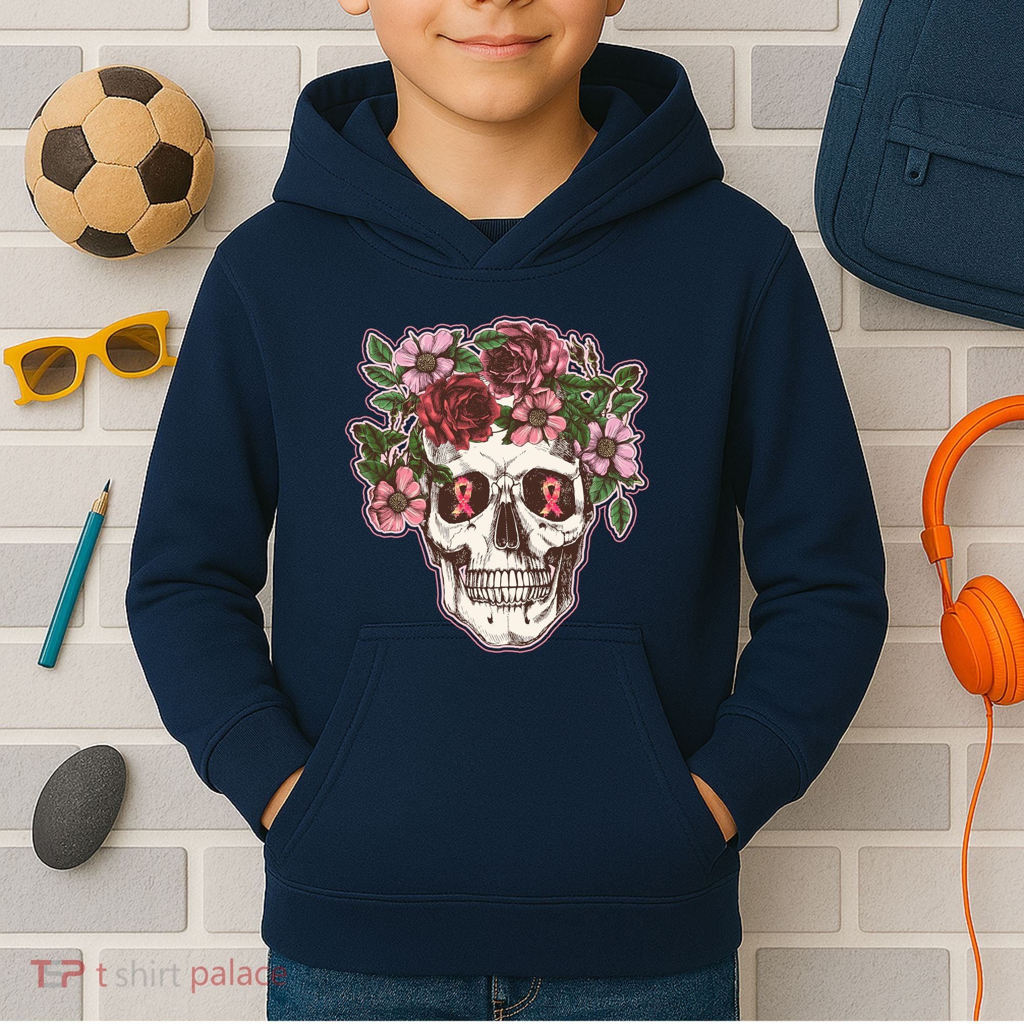 Breast Cancer Awareness Floral Flower Skull Kids Hoodie