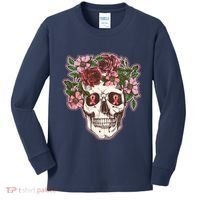 Breast Cancer Awareness Floral Flower Skull Kids Long Sleeve Shirt thumb 0