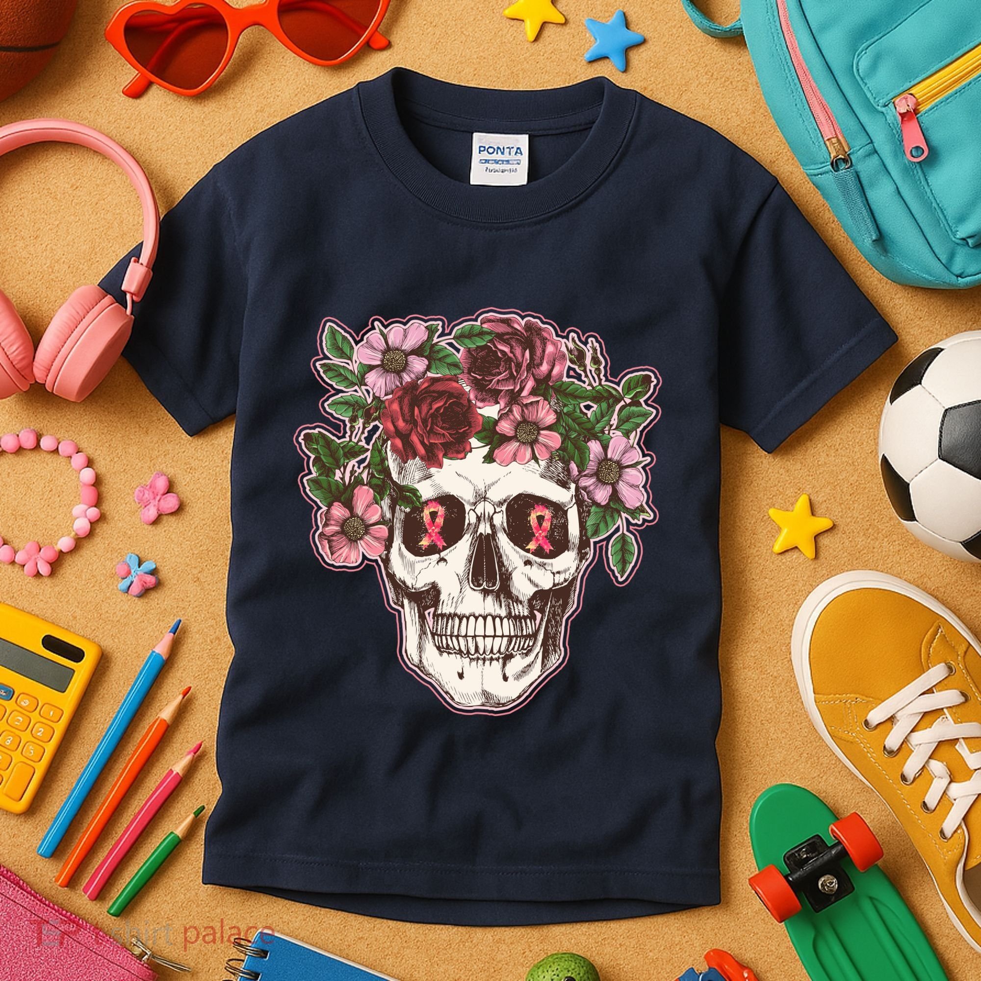 Breast Cancer Awareness Floral Flower Skull Kids T-Shirt