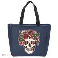Breast Cancer Awareness Floral Flower Skull Tote Bag thumb 0