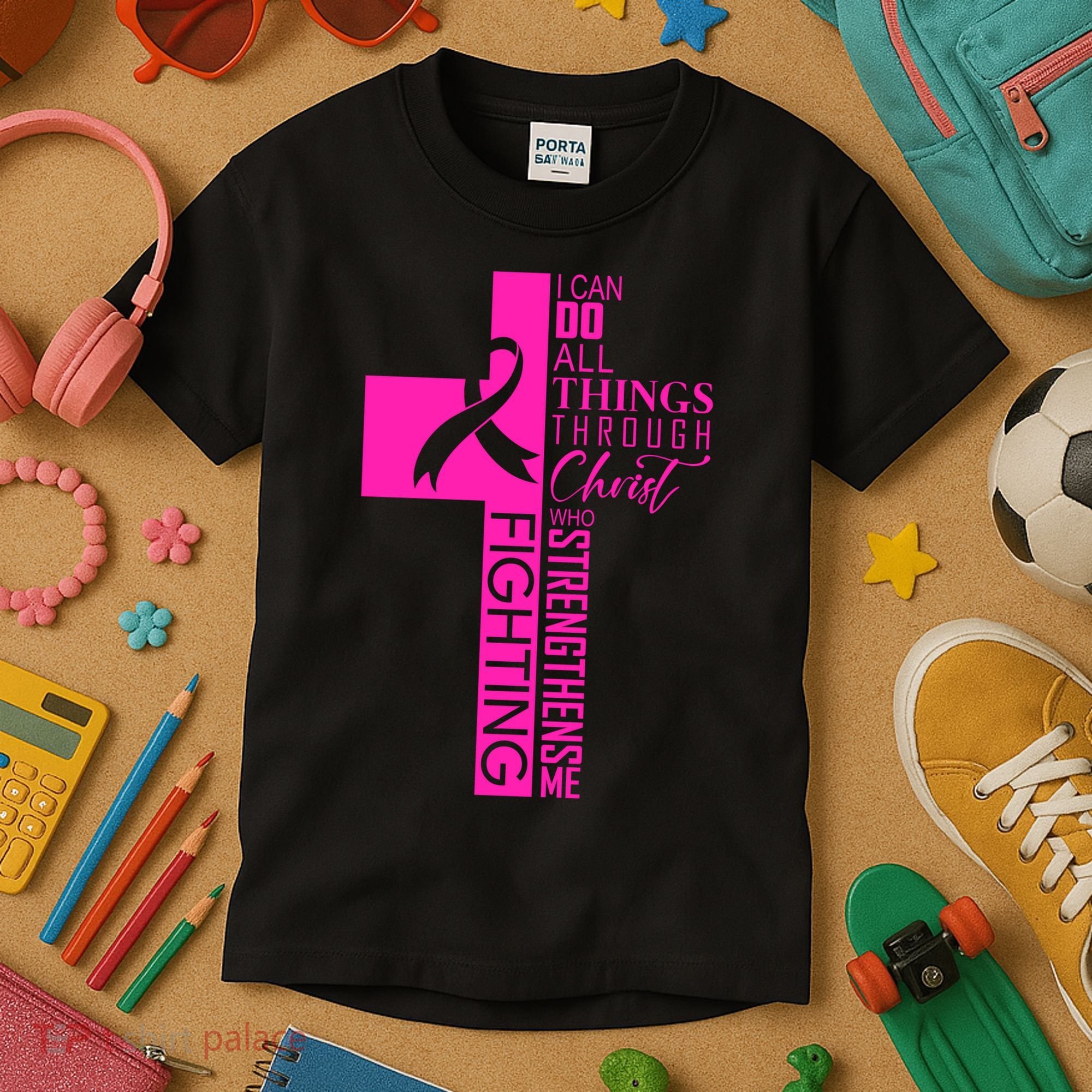 Breast Cancer Awareness Christian Cross Faith Kids T-Shirt