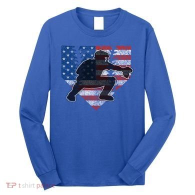 Baseball Catcher American Flag Home Plate Cute Gift Long Sleeve Shirt