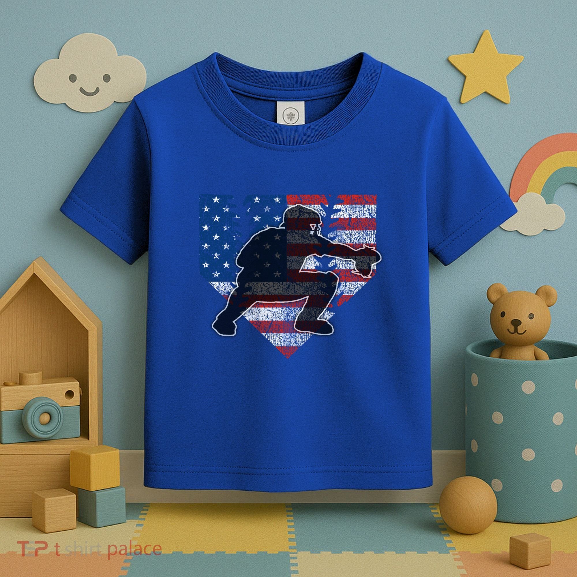 Baseball Catcher American Flag Home Plate Cute Gift Toddler T-Shirt