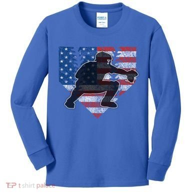 Baseball Catcher American Flag Home Plate Cute Gift Kids Long Sleeve Shirt