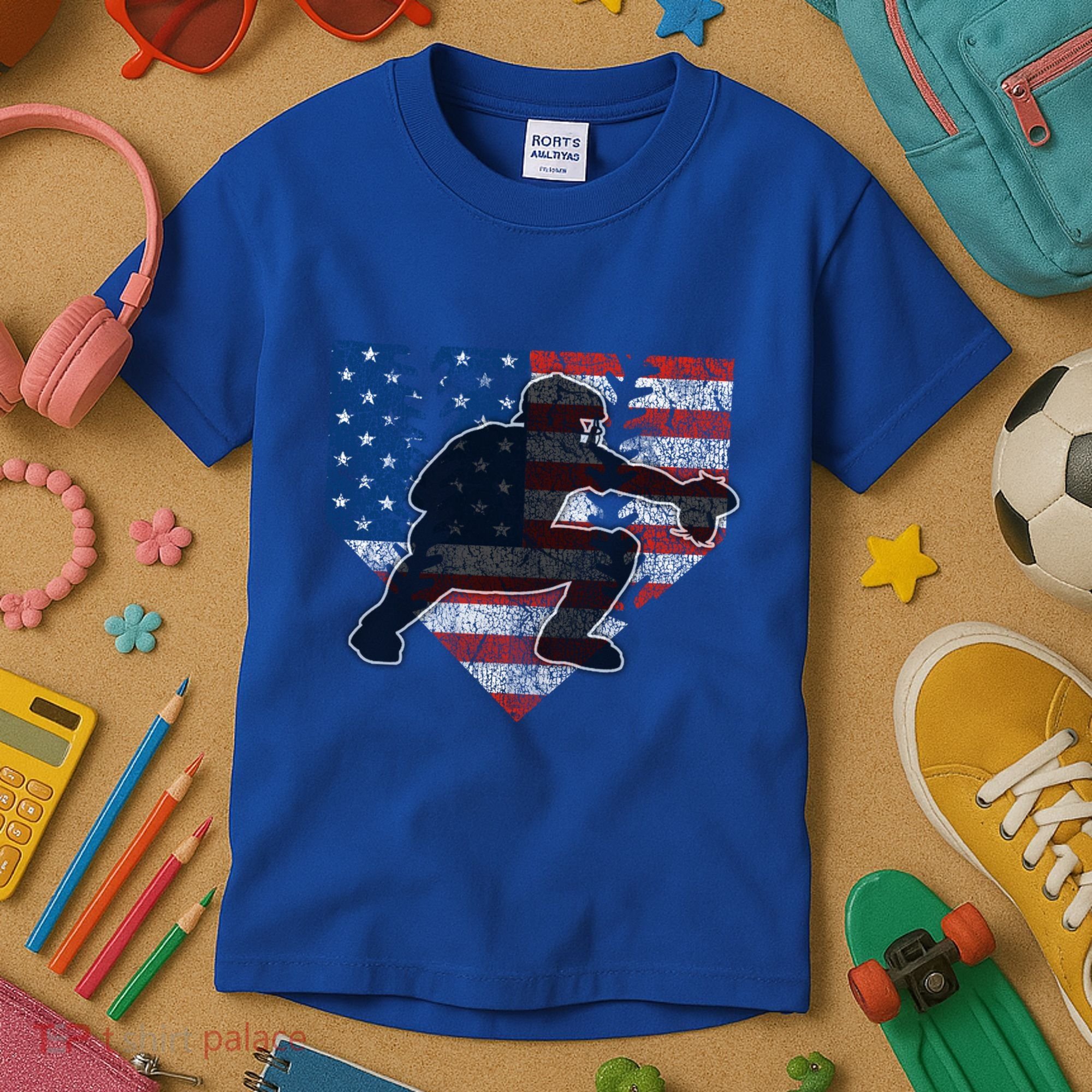 Baseball Catcher American Flag Home Plate Cute Gift Kids T-Shirt