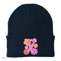Breast Cancer Awareness Floral Flowers Ribbon Beanie thumb 0